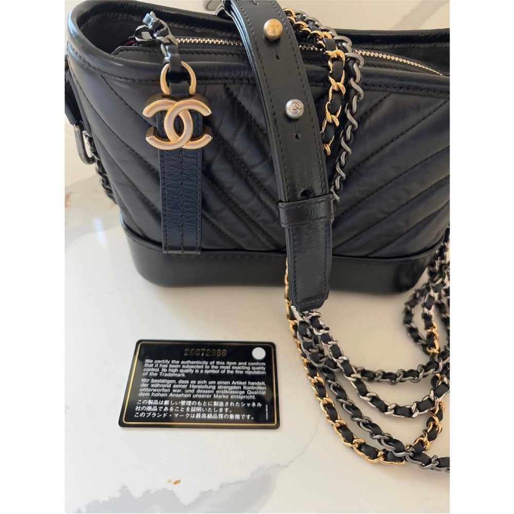 Chanel Gabrielle Black Chevron Quilted Shoulder Bag with Gold Chain
